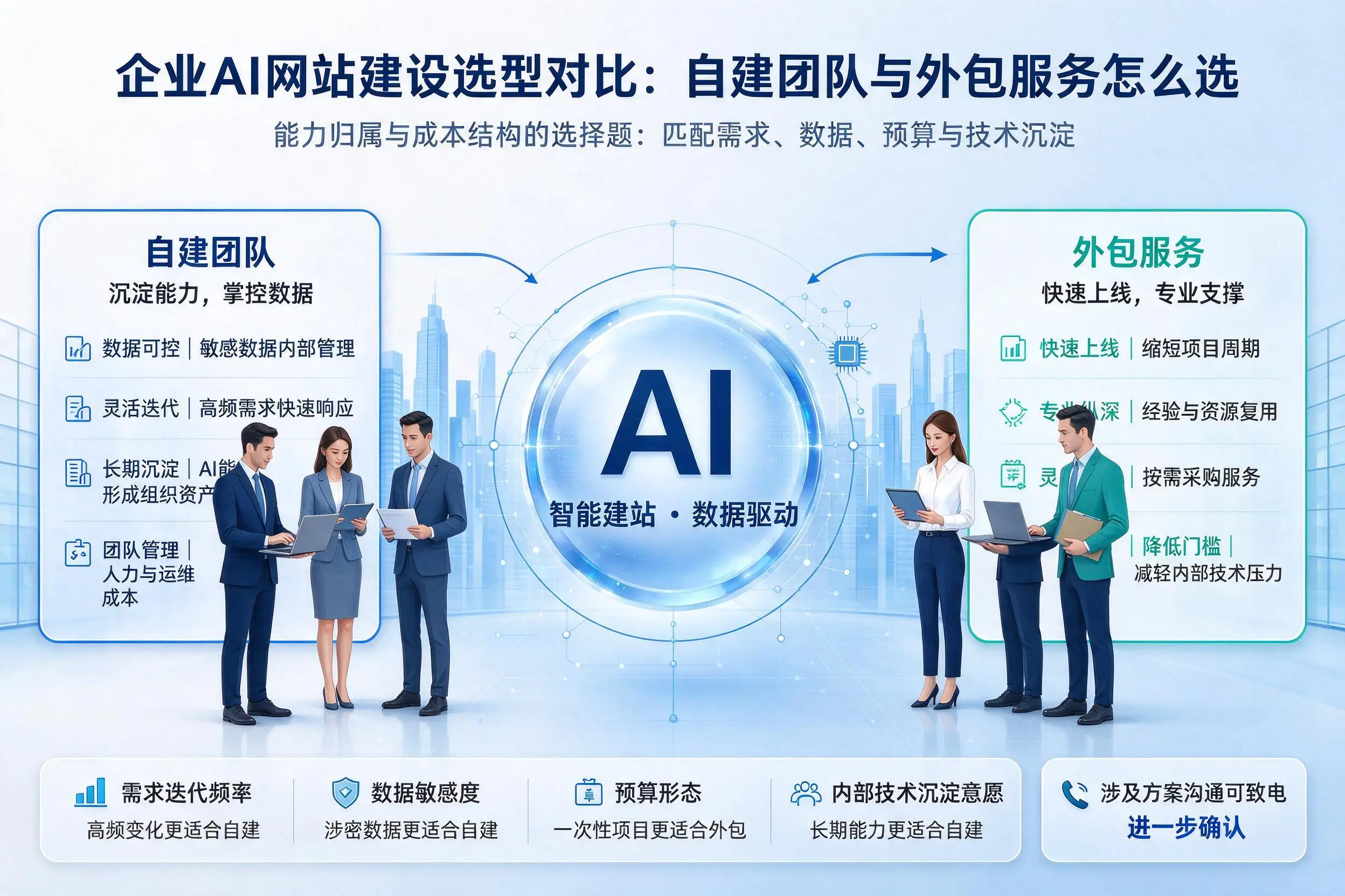 锦州企业AI网站建设选型对比:自建团队与外包服务怎么选